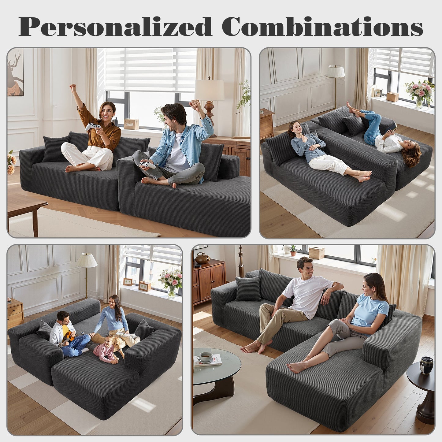 OVIOS 104" L-Shape Modular Couch with Chaise,Corduroy Fabric,No Assembly Required