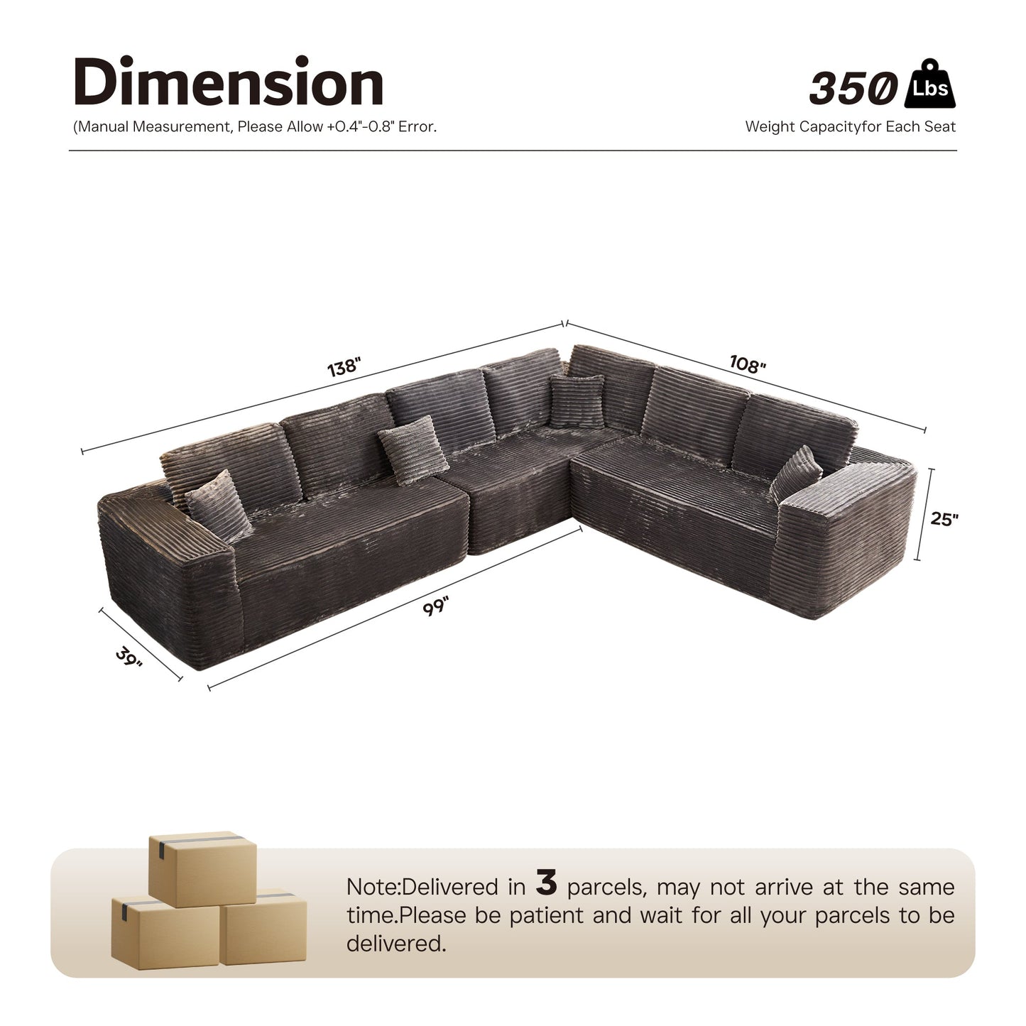 OVIOS L-Shaped Cloud Sectional Sofa with Chaise - Plush Corduroy, Memory Foam & No Assembly