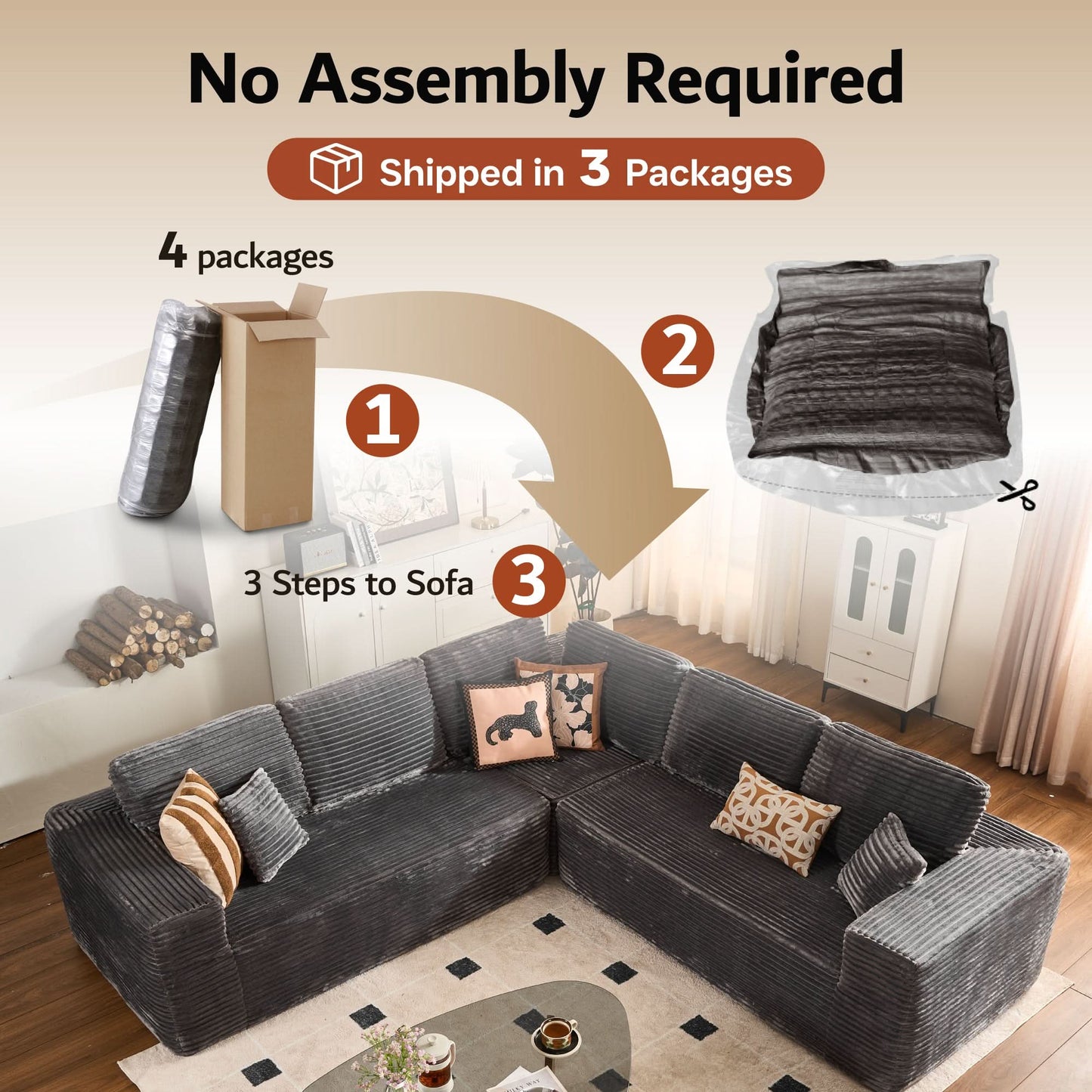 OVIOS Modular Cloud Sofa with Memory Foam, L-Shaped Chaise & Corduroy Upholstery - No Assembly Required