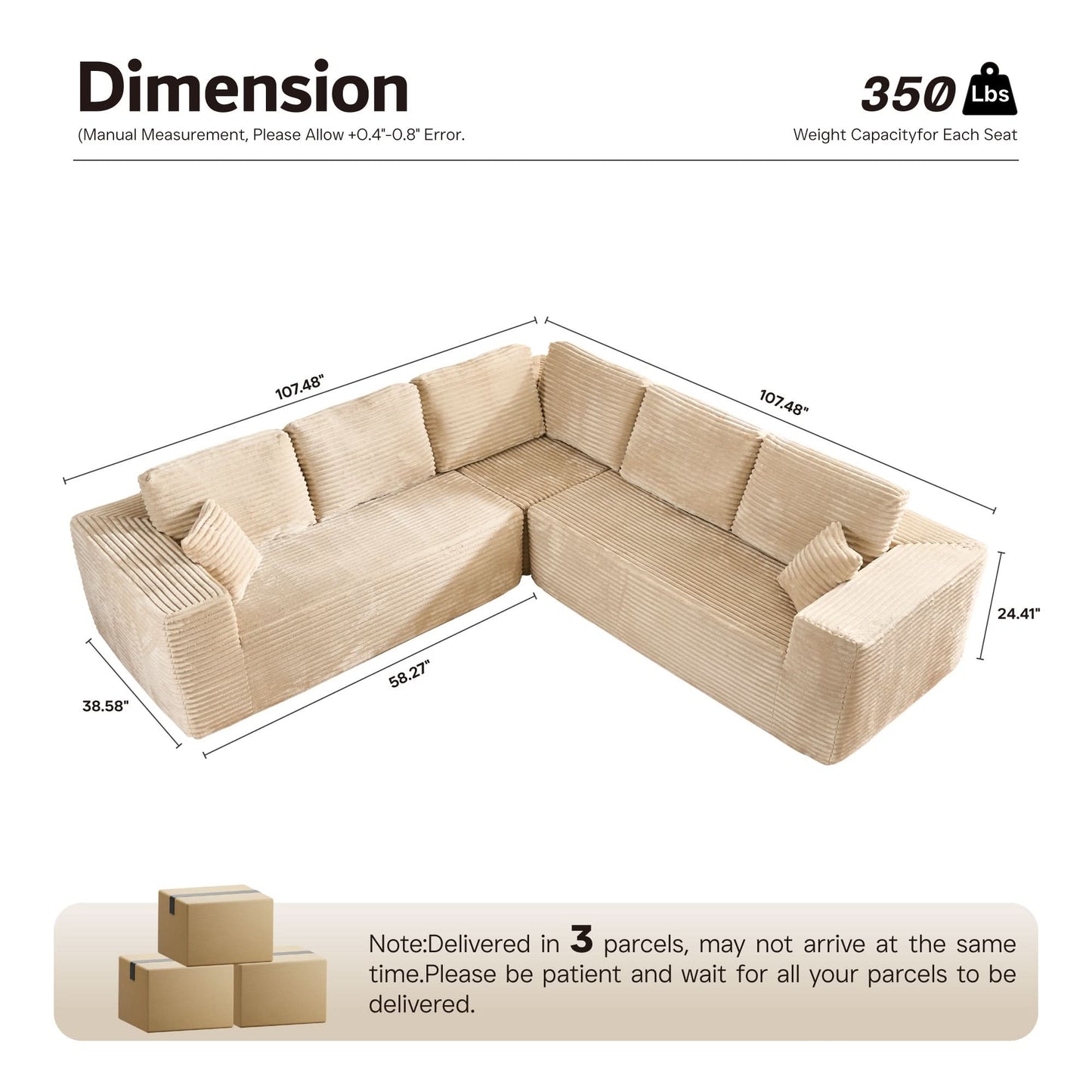 OVIOS Modular Cloud Sofa with Memory Foam, L-Shaped Chaise & Corduroy Upholstery - No Assembly Required
