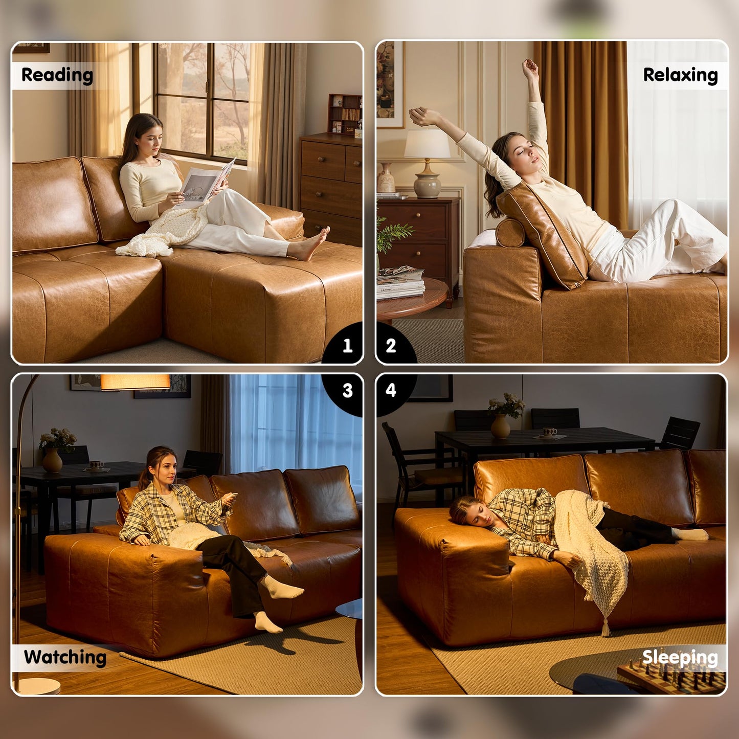 OVIOS 114" Cloud Sectional Sofa - L-Shaped Faux Leather Modular Couch with Deep Seat Chaise