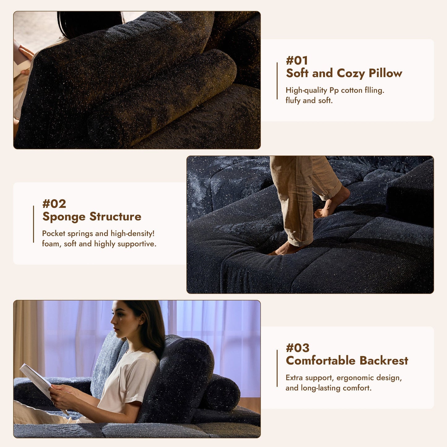 OVIOS 114" Cloud Sectional Sofa - L-Shaped Faux Leather Modular Couch with Deep Seat Chaise