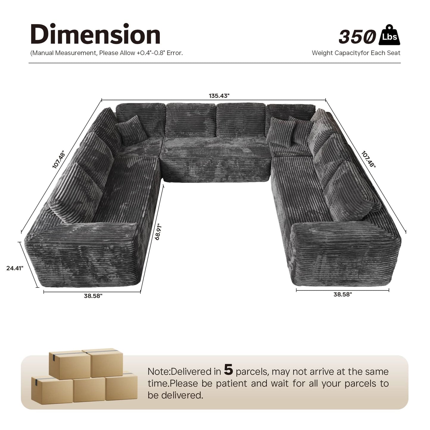 OVIOS Modular Cloud Sofa Corduroy with Memory Foam, U-Shaped Chaise, No Assembly Required