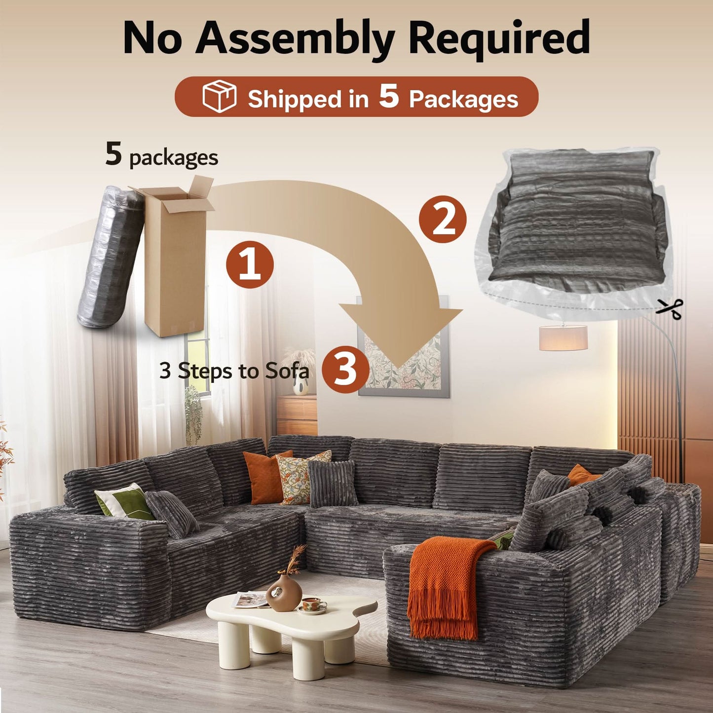 OVIOS Modular Cloud Sofa Corduroy with Memory Foam, U-Shaped Chaise, No Assembly Required