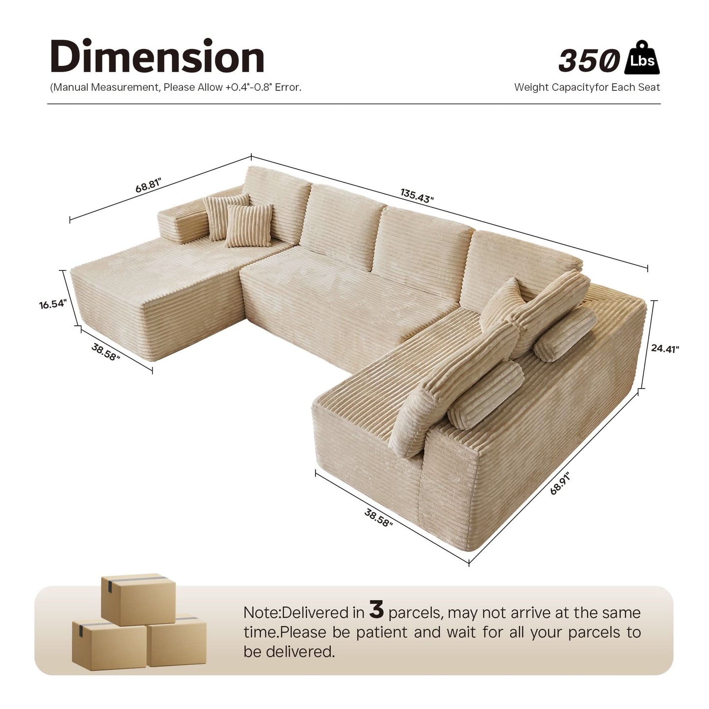 OVIOS Modular Sectional Cloud Sofa, Plush Corduroy with Memory Foam, U-Shaped Chaise, No Assembly Required