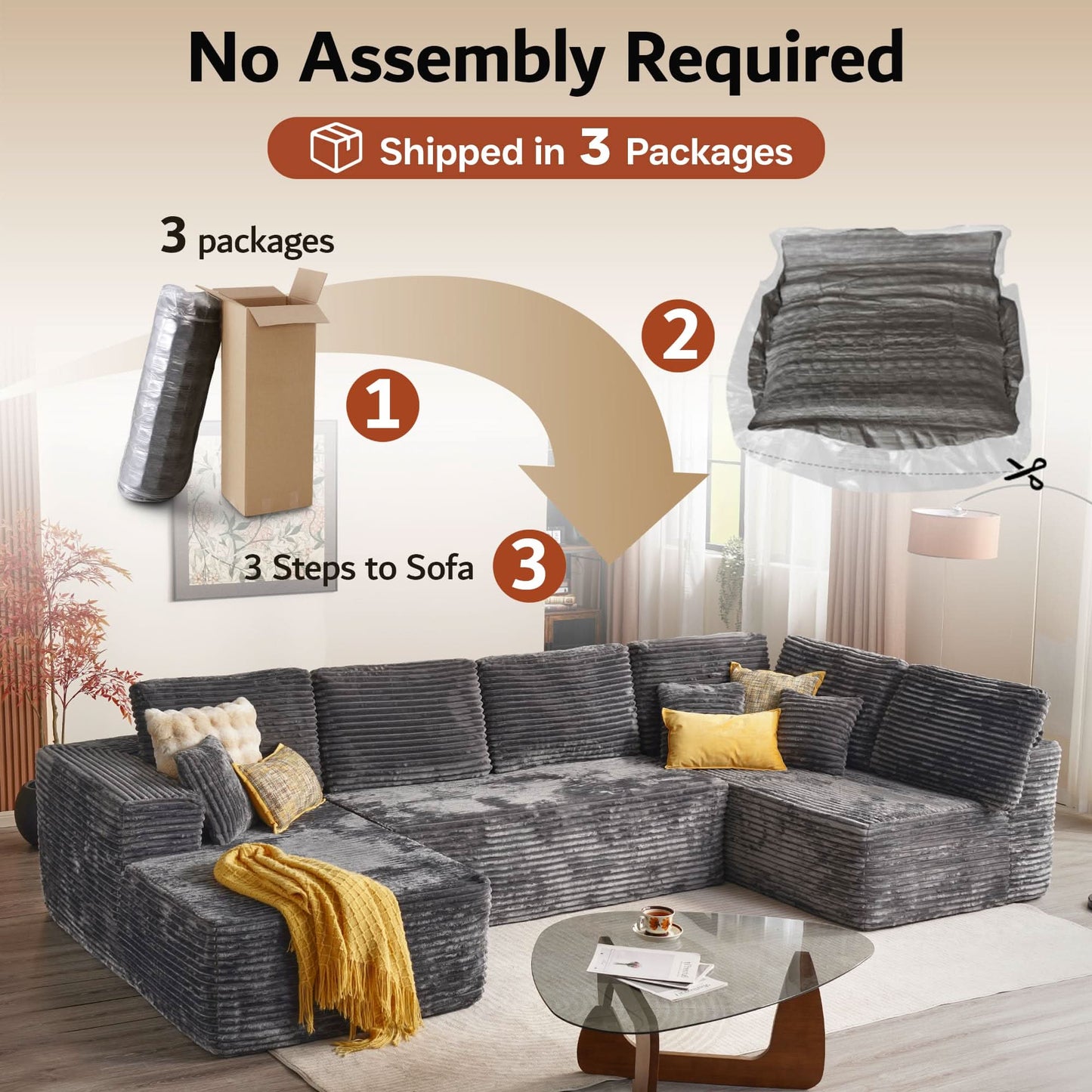 OVIOS Modular Sectional Cloud Sofa, Plush Corduroy with Memory Foam, U-Shaped Chaise, No Assembly Required