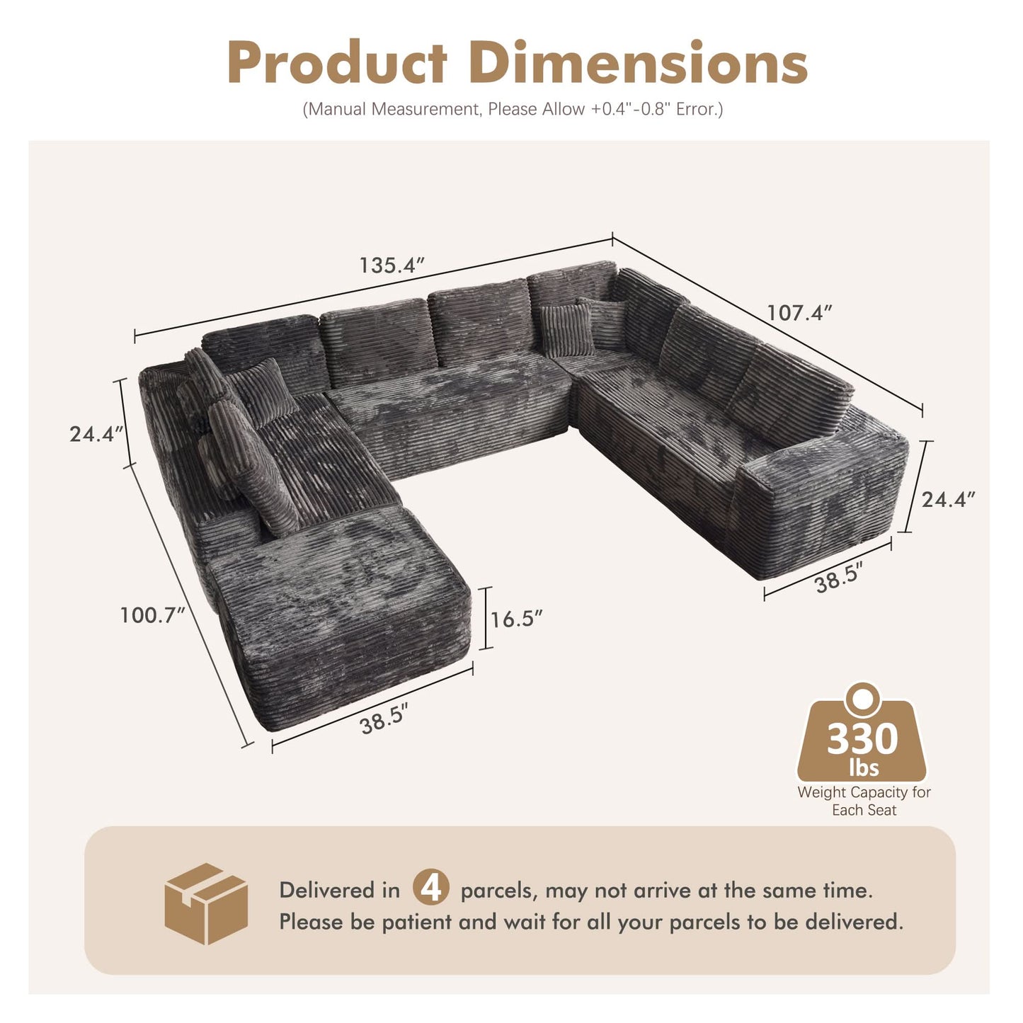 OVIOS Modular Cloud Sofa with Memory Foam, U-Shaped Chaise, Corduroy Upholstery - No Assembly Needed
