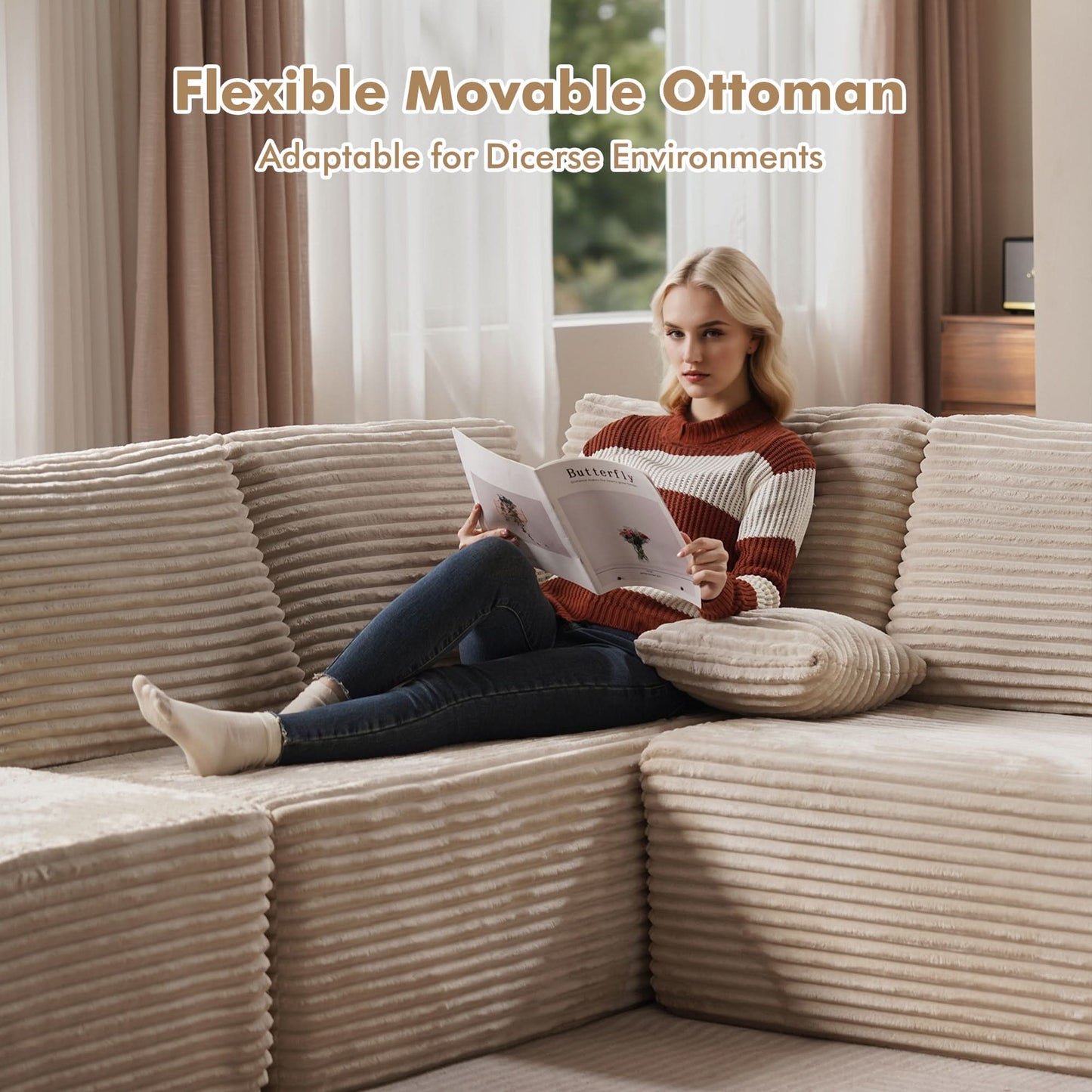 OVIOS Modular Cloud Sofa with Memory Foam, L-Shaped Chaise & Corduroy Upholstery - No Assembly Required