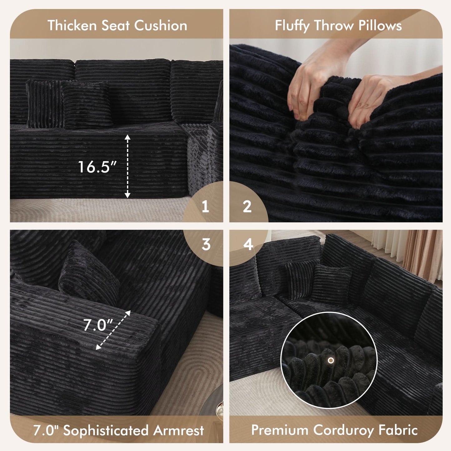 OVIOS Modular Cloud Sofa with Memory Foam, U-Shaped Chaise, Corduroy Upholstery - No Assembly Needed