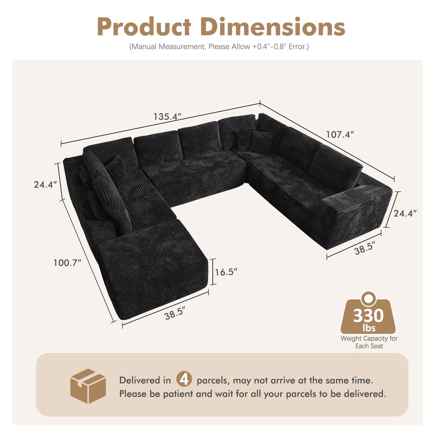 OVIOS Modular Cloud Sofa with Memory Foam, U-Shaped Chaise, Corduroy Upholstery - No Assembly Needed