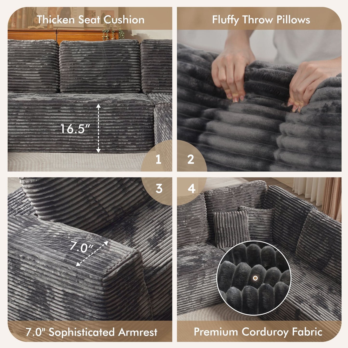 OVIOS Memory Foam Cloud Sofa: Modular L-Shape Chaise in Corduroy Fabric, No Assembly Required