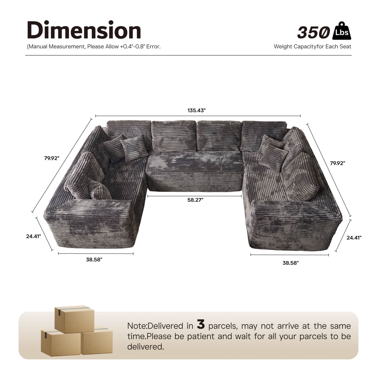 OVIOS sectional cloud couch, living room U-shaped sofa, plush corduroy, memory foam, no assembly required.