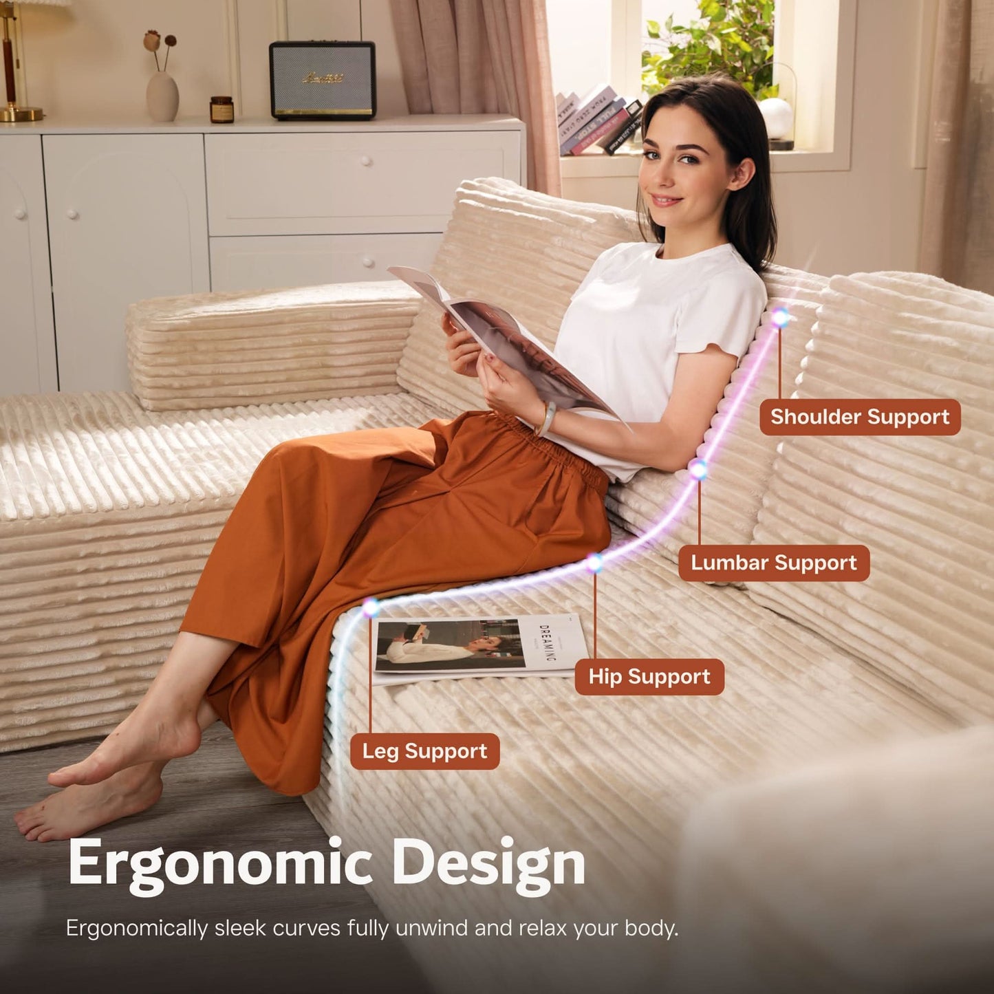 OVIOS sectional cloud couch, living room U-shaped sofa, plush corduroy, memory foam, no assembly required.