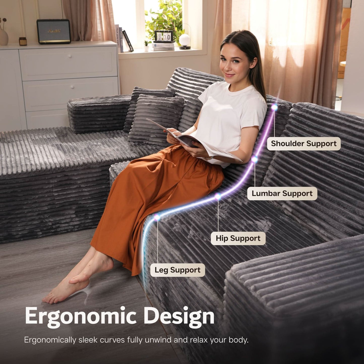 OVIOS sectional cloud couch, living room U-shaped sofa, plush corduroy, memory foam, no assembly required.