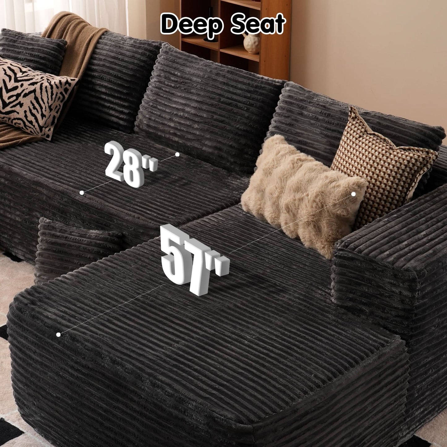 OVIOS 104" L-Shape Modular Couch with Chaise, Plush Corduroy Fabric, No Assembly Required