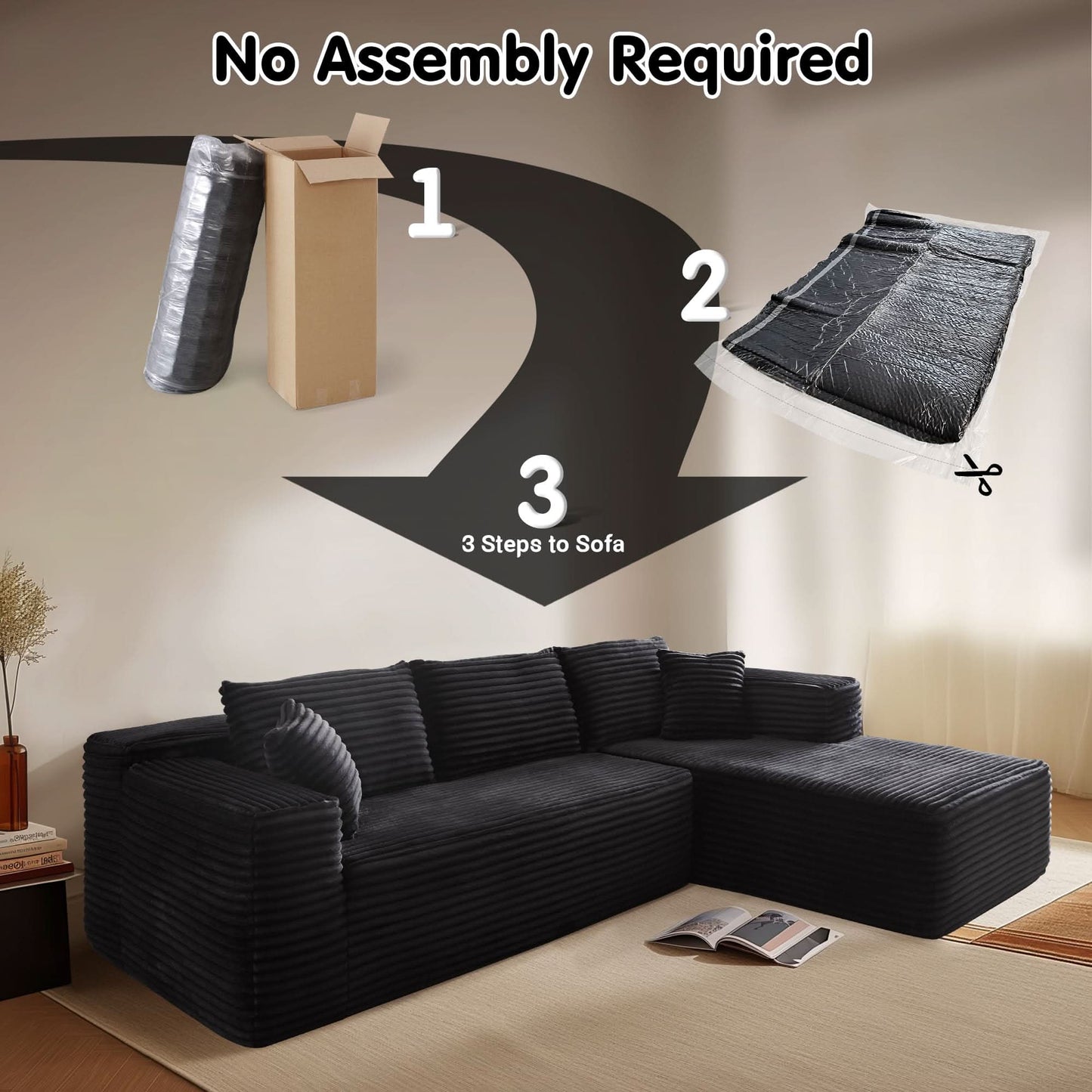 OVIOS 104" L-Shape Modular Couch with Chaise, Plush Corduroy Fabric, No Assembly Required