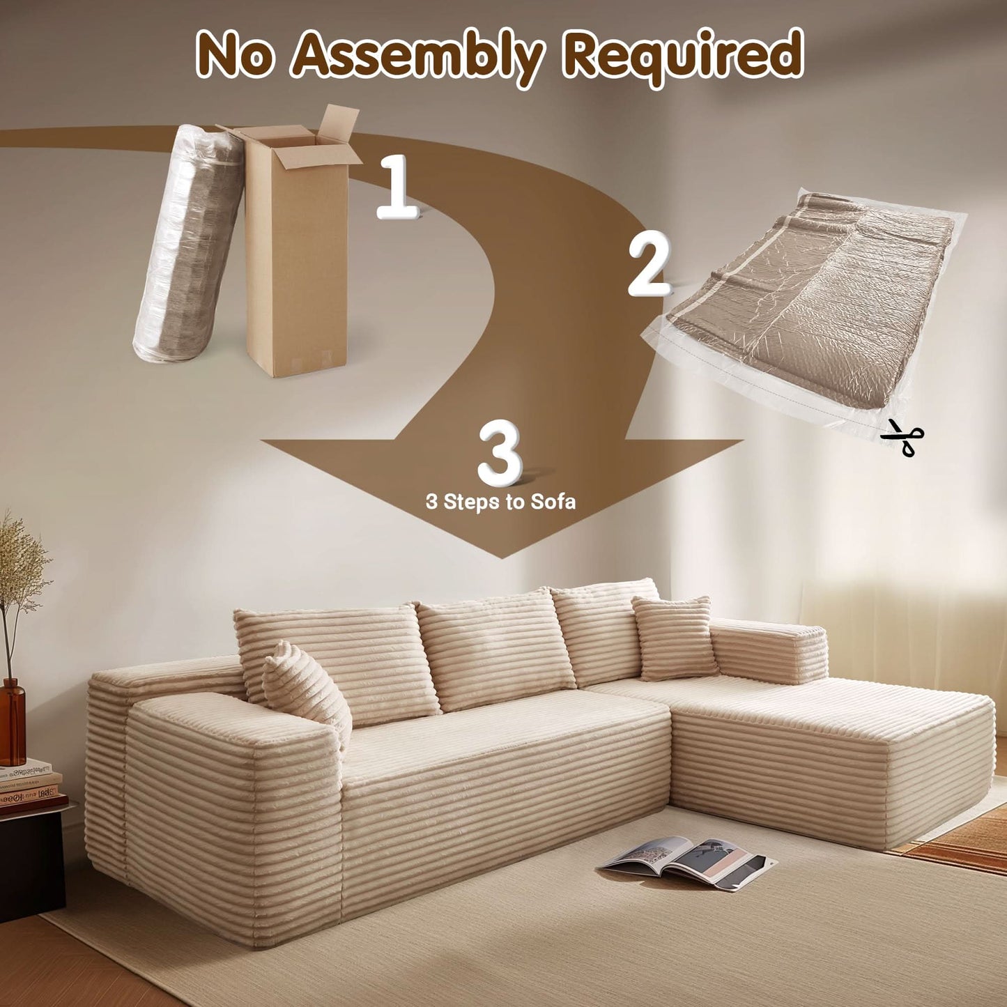 OVIOS 104" L-Shape Modular Couch with Chaise, Plush Corduroy Fabric, No Assembly Required