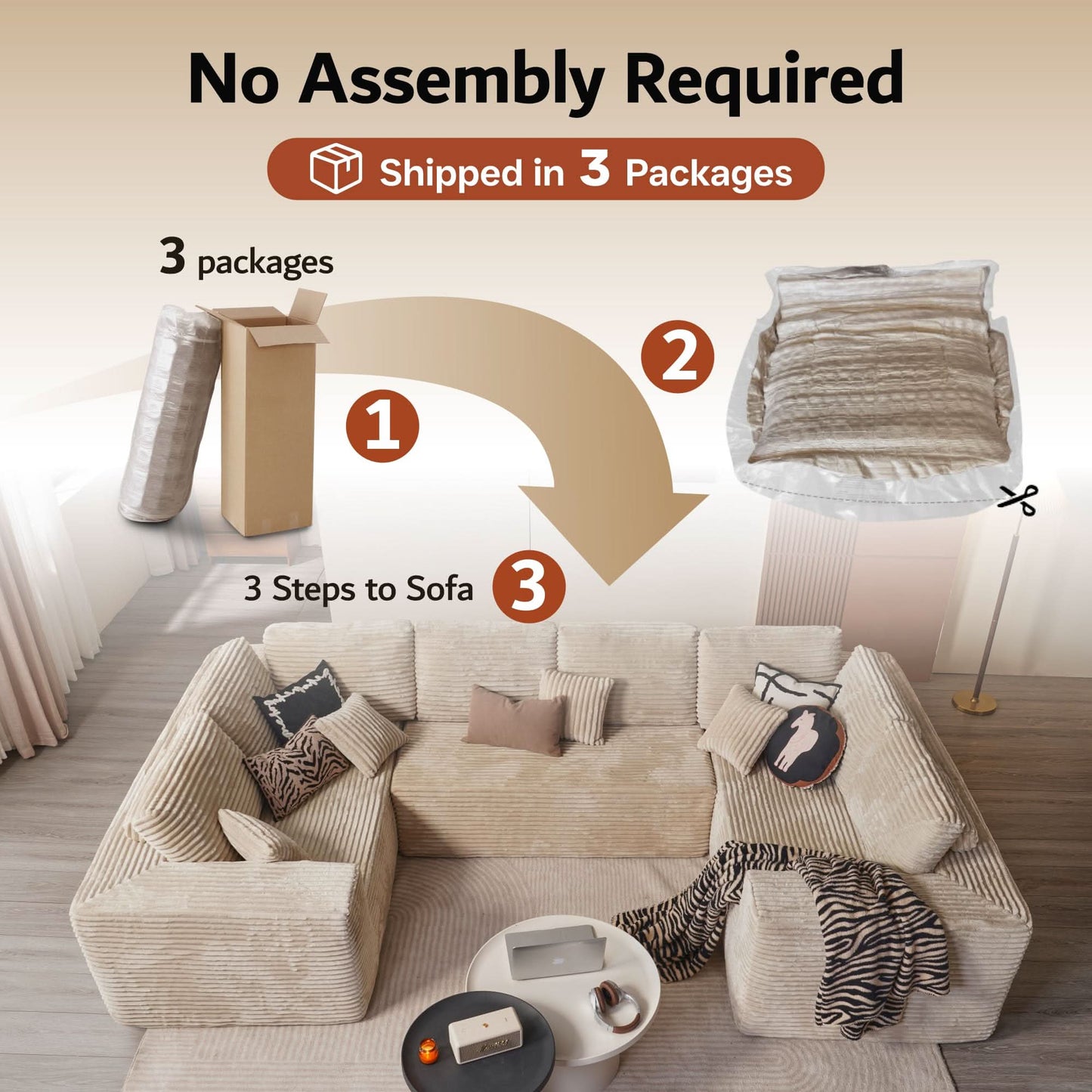 OVIOS sectional cloud couch, living room U-shaped sofa, plush corduroy, memory foam, no assembly required.