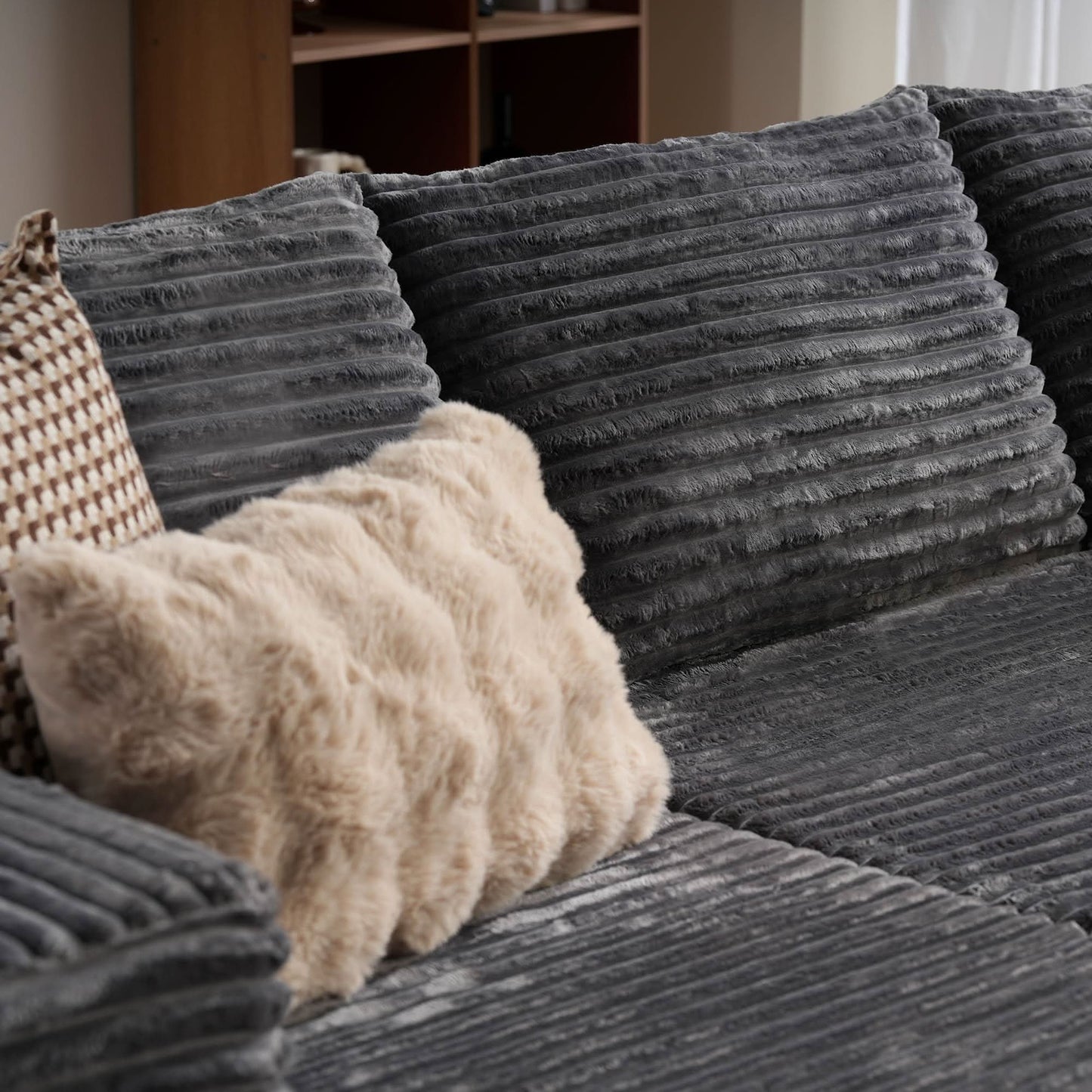 OVIOS 104" L-Shape Modular Couch with Chaise, Plush Corduroy Fabric, No Assembly Required